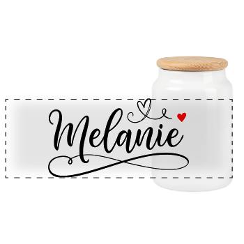 Melanie Nom de famille Prénom avec le cœur - Boîte à biscuits avec couvercle en bois - blanc - Devant