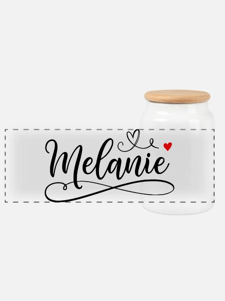 Melanie Name Vorname mit Herzchen - Panorama Keksdose mit Holzdeckel - Weiß