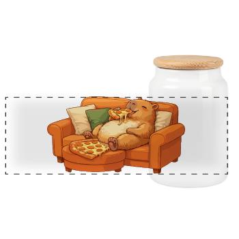 Capybara Sofa Pizza Relaxed Relax Motif - Panoramic Cookie Jar with Wooden Lid - white - Front