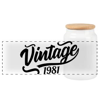 1981 Jahrgang 1981, 56.Geburtstag  - Panorama Keksdose mit Holzdeckel - Weiß - Vorne