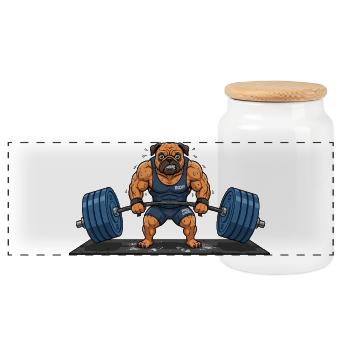 Lustiges Mops-Gewichtheben-Kreuzheben-Fitnessstudio - Panorama Keksdose mit Holzdeckel - Weiß - Vorne