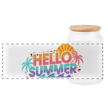 Hello Summer Palm Trees Waves Color Explosion - Panoramic Cookie Jar with Wooden Lid - white - Front