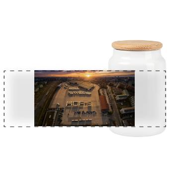 Bus depot at sunset - Panoramic Cookie Jar with Wooden Lid - white - Front
