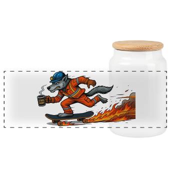 Cartoon-Figur Wolf auf feurigem Skateboard - Panorama Keksdose mit Holzdeckel - Weiß - Vorne
