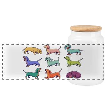 Teckels colorés : Dachshund drôle de chiens de bande dessinée - Boîte à biscuits avec couvercle en bois - blanc - Devant