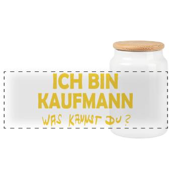 Ich bin Kaufmann – Was bringst du? - Panorama Keksdose mit Holzdeckel - Weiß - Vorne
