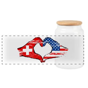Switzerland USA heart shape with hands used - Panoramic Cookie Jar with Wooden Lid - white - Front