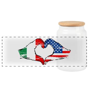 Italy USA heart shape with hands used - Panoramic Cookie Jar with Wooden Lid - white - Front