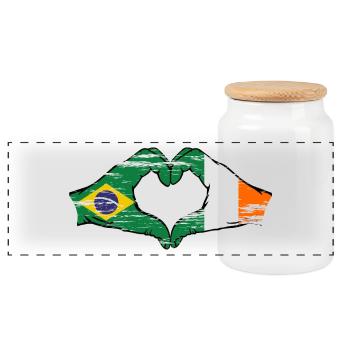 Brazil Ireland Flag Hands Heart Shape Used - Panoramic Cookie Jar with Wooden Lid - white - Front