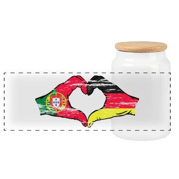 Portugal Germany Flag Hands Heart Shape Used - Panoramic Cookie Jar with Wooden Lid - white - Front