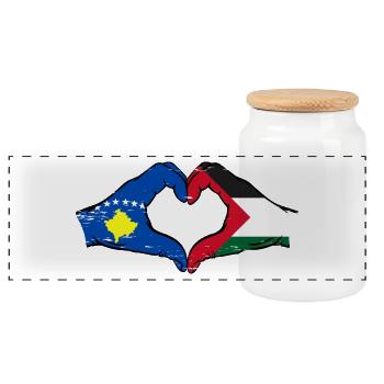 Kosovo Palestine Flag Hands Heart Shape Used - Panoramic Cookie Jar with Wooden Lid - white - Front