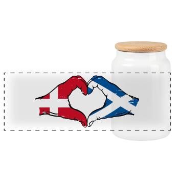 Denmark Scotland Hands Heart Shape Used - Panoramic Cookie Jar with Wooden Lid - white - Front