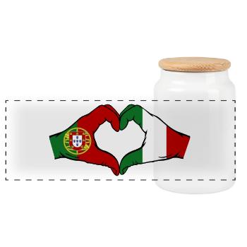 Portugal Italy Flag Hands Heart Shape - Panoramic Cookie Jar with Wooden Lid - white - Front