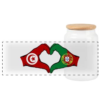 Tunisie Portugal Drapeau Main Coeur Forme - Boîte à biscuits avec couvercle en bois - blanc - Devant