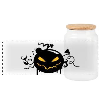 black halloween pumpkin with glowing eyes - Panoramic Cookie Jar with Wooden Lid - white - Front