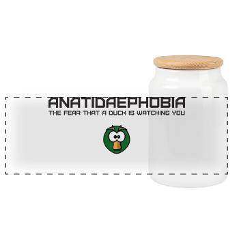 Anatidaephobia Duck Humor Design - Panoramic Cookie Jar with Wooden Lid - white - Front