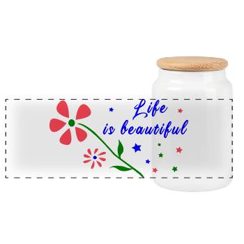 life is beautiful, Blumen - Panorama Keksdose mit Holzdeckel - Weiß - Vorne