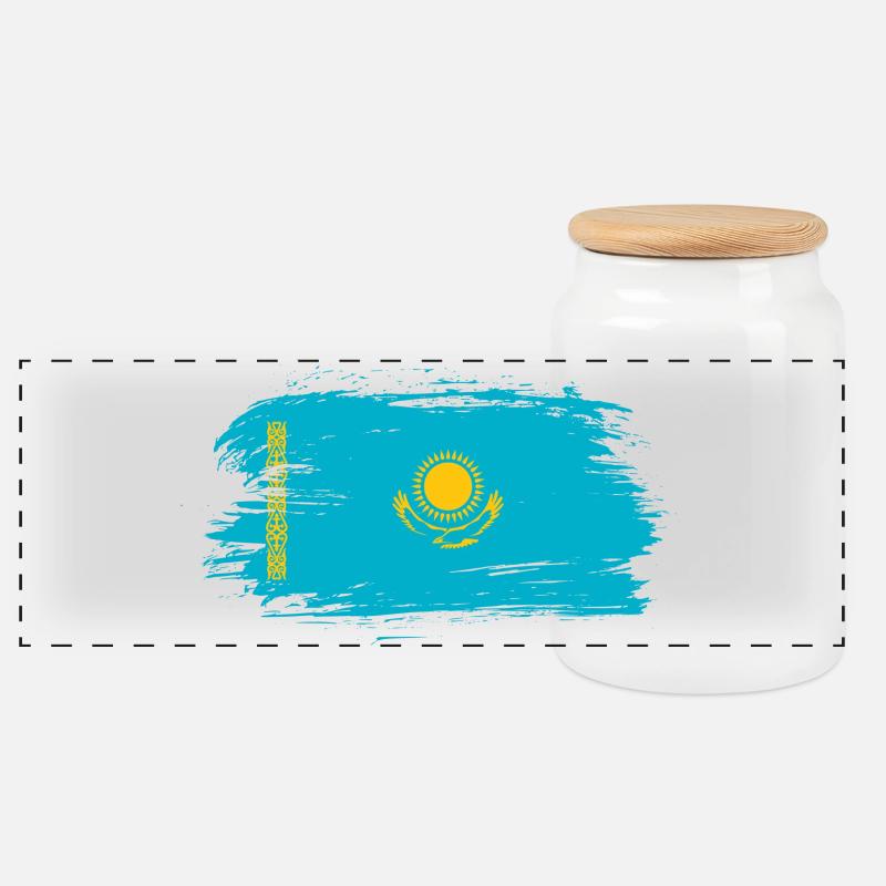 Kasachstan Flagge - Panorama Keksdose mit Holzdeckel - Weiß
