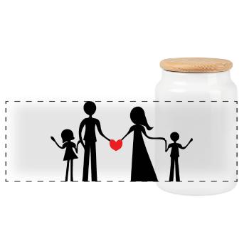 Family of four persons, boy and girl, silhouettes - Panoramic Cookie Jar with Wooden Lid - white - Front