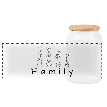 Stick figure family - Panoramic Cookie Jar with Wooden Lid - white - Front