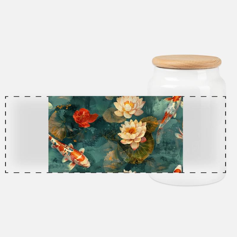 Fleurs de koï et de lotus sur l’eau turquoise - Boîte à biscuits avec couvercle en bois - blanc