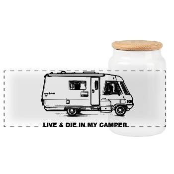Live And Die in my Camper - Camping For Life - Panorama Keksdose mit Holzdeckel - Weiß - Vorne