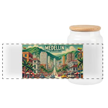 Medellin Kolumbien Vintage Design - Panorama Keksdose mit Holzdeckel - Weiß - Vorne