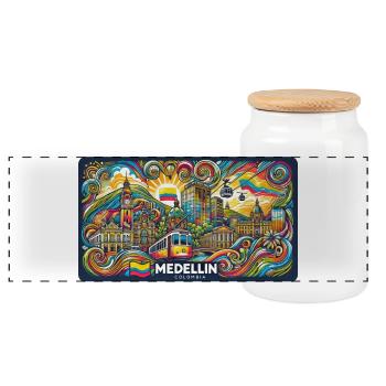 Medellin Columbia City Design - Panoramic Cookie Jar with Wooden Lid - white - Front
