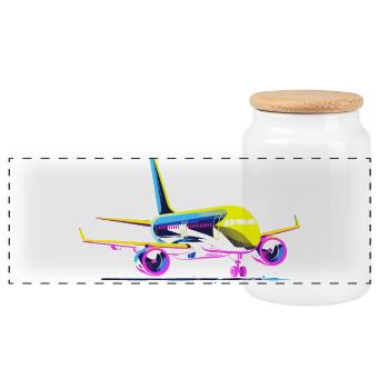 Airplane Cartoon Style - Panoramic Cookie Jar with Wooden Lid - white - Front