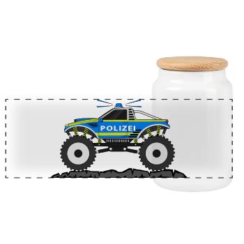 Monster Truck Police Blue Yellow - Panoramic Cookie Jar with Wooden Lid - white - Front