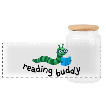 Reading friend Cute bookworm with book - Panoramic Cookie Jar with Wooden Lid - white - Front
