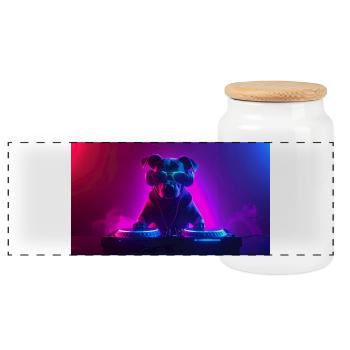 Neon DJ Dog - Panoramic Cookie Jar with Wooden Lid - white - Front