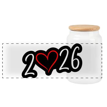 2026 Heart - Panoramic Cookie Jar with Wooden Lid - white - Front