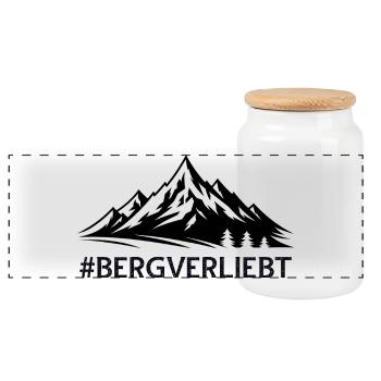 Bergverliebt mit Hashtag Bergige Landschaft Berge  - Panorama Keksdose mit Holzdeckel - Weiß - Vorne