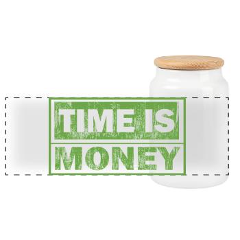 Time is money in green print - Panoramic Cookie Jar with Wooden Lid - white - Front