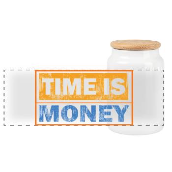 Time Is Money: Contrast Typography - Panoramic Cookie Jar with Wooden Lid - white - Front