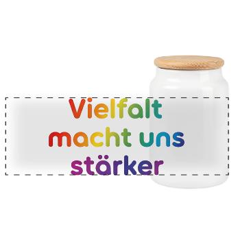 Vielfalt macht uns stärker - Panorama Keksdose mit Holzdeckel - Weiß - Vorne