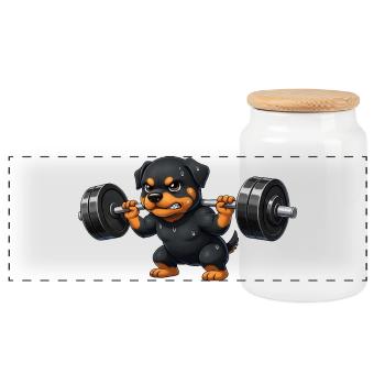 Rottweiler Weightlifting Barbell Training Workout - Panoramic Cookie Jar with Wooden Lid - white - Front