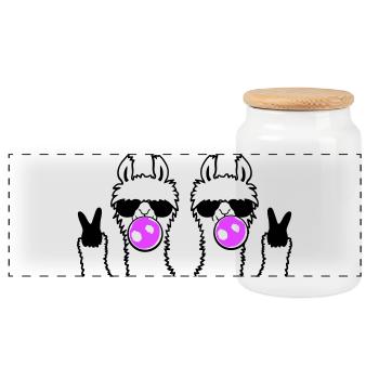 Zwei Lamas Kaugummi Sonnenbrille Peace Zeichen Süß - Panorama Keksdose mit Holzdeckel - Weiß - Vorne