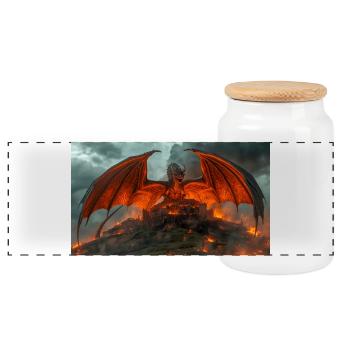 A Dragon Threatens Beowulf's Peaceful Kingdom - Panoramic Cookie Jar with Wooden Lid - white - Front
