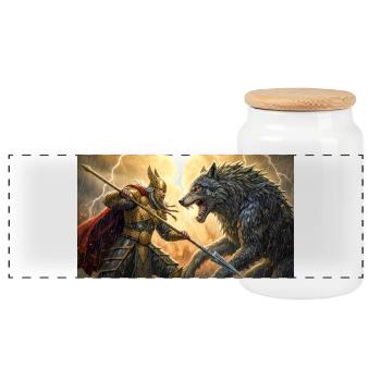 Odin stellt sich Fenrir in der letzten Schlacht ragnarök nordische s - Panorama Keksdose mit Holzdeckel - Weiß - Vorne
