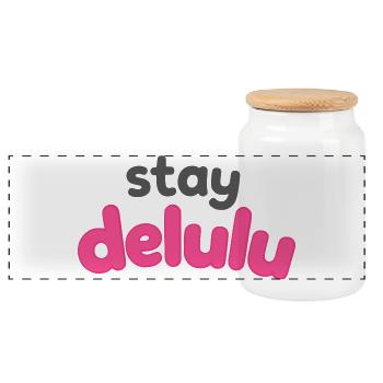 Stay Delulu – Trendiger Spruch im bunten Typografi - Panorama Keksdose mit Holzdeckel - Weiß - Vorne