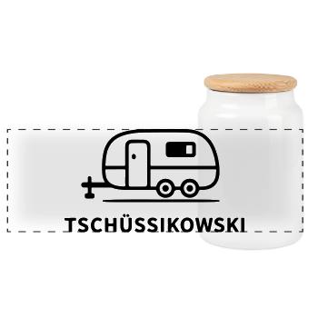 Tschüssikowski Camping Urlaub Wohnwagen Ferien - Panorama Keksdose mit Holzdeckel - Weiß - Vorne