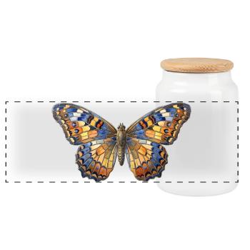 Butterfly Mosaic - Art Gift - Panoramic Cookie Jar with Wooden Lid - white - Front