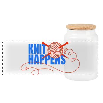Knit Happens Logo Strickdesign - Panorama Keksdose mit Holzdeckel - Weiß - Vorne