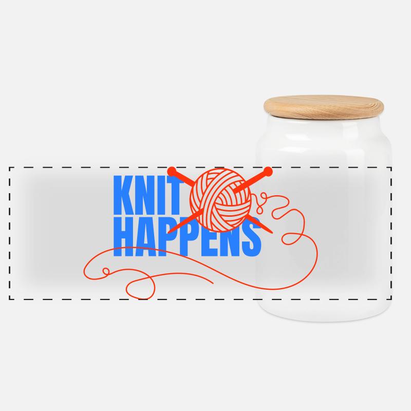 Knit Happens Logo Strickdesign - Panorama Keksdose mit Holzdeckel - Weiß