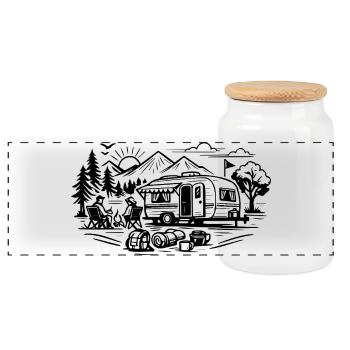 Camping Trailer Landscape - Panoramic Cookie Jar with Wooden Lid - white - Front