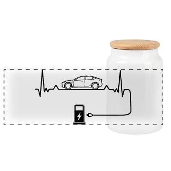 Electric car love with heartbeat Electric cars - Panoramic Cookie Jar with Wooden Lid - white - Front