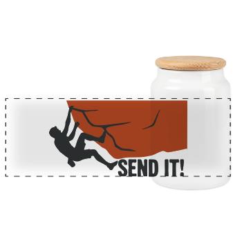 Send It Boulderer Silhouette - Panorama Keksdose mit Holzdeckel - Weiß - Vorne