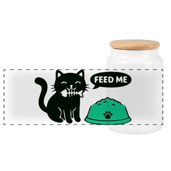 Hungrige Katze Futternapf Grafik - Panorama Keksdose mit Holzdeckel - Weiß - Vorne